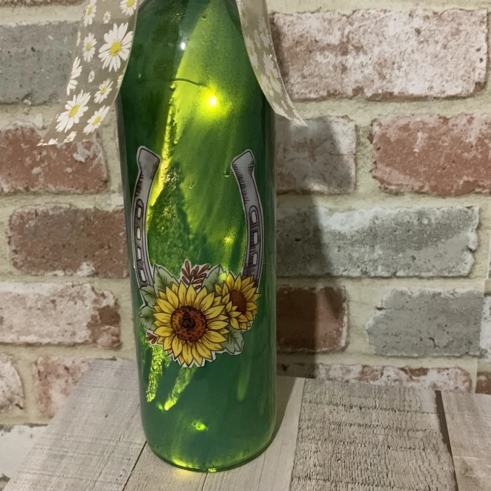 Hand Crafted - Painted Green Wine Bottle Lantern with Sunflower Design